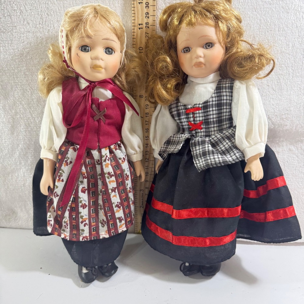Vintage Porcelain Folk Dolls Pair Blonde Hair European Style‎ Outfits 11.5 Inch